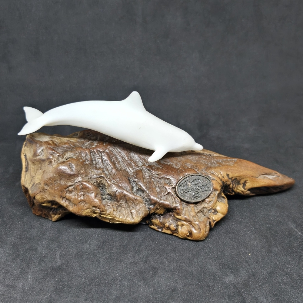 John Perry Studios White Dolphin Sculpture Figuirine on Hand Carved Wood